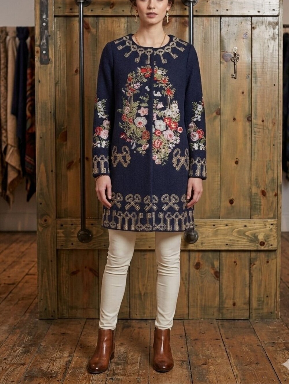 Blue Ornate Floral Embroidered Keys Wool Blend Coat, Over Coat
